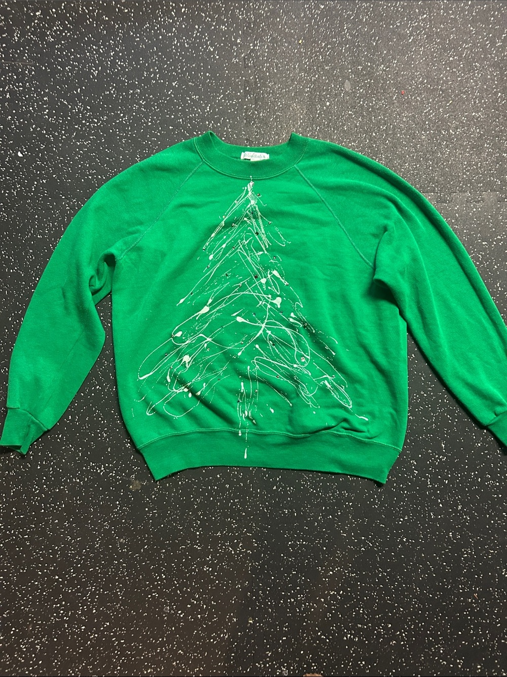 Green Women's Crewneck Sweatshirt with White Tree Paint & Jewel Design